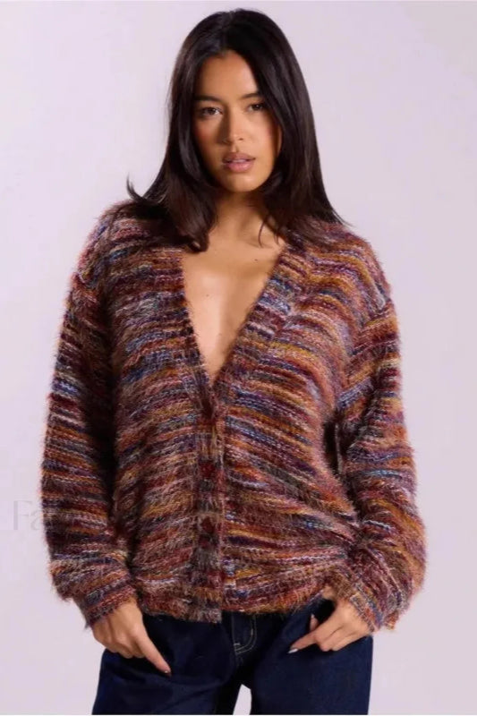 Cardigan Tricoté Vintage Rayé Col V Confortable