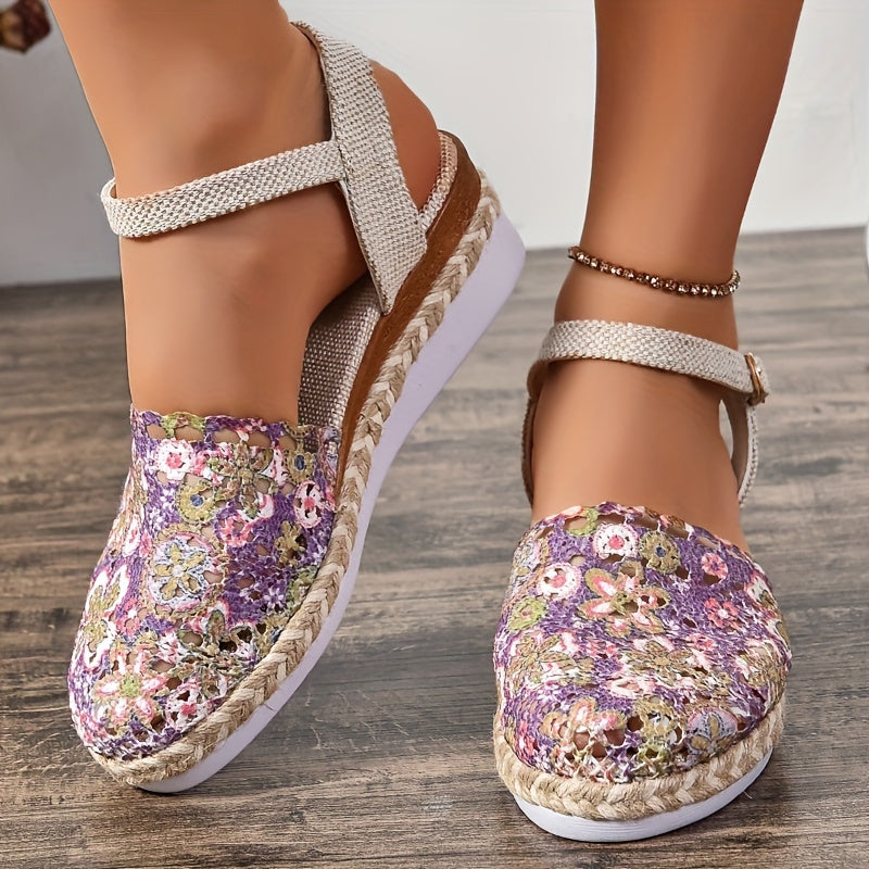 Sandales Compensées À Lanière Boucle Florale Femme