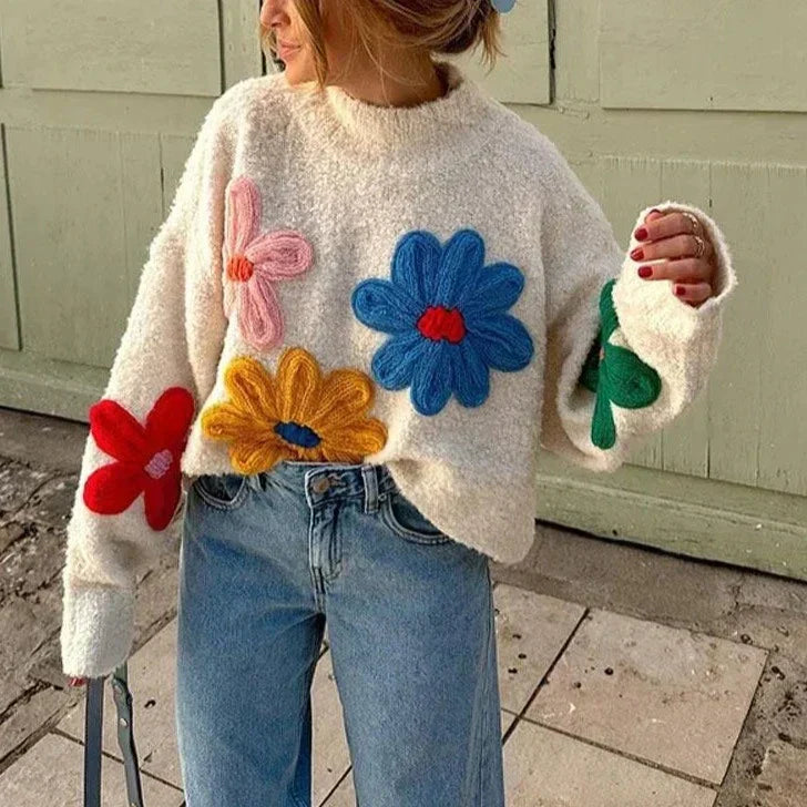 Pull en tricot floral élégant, haut superposé confortable et saisonnier