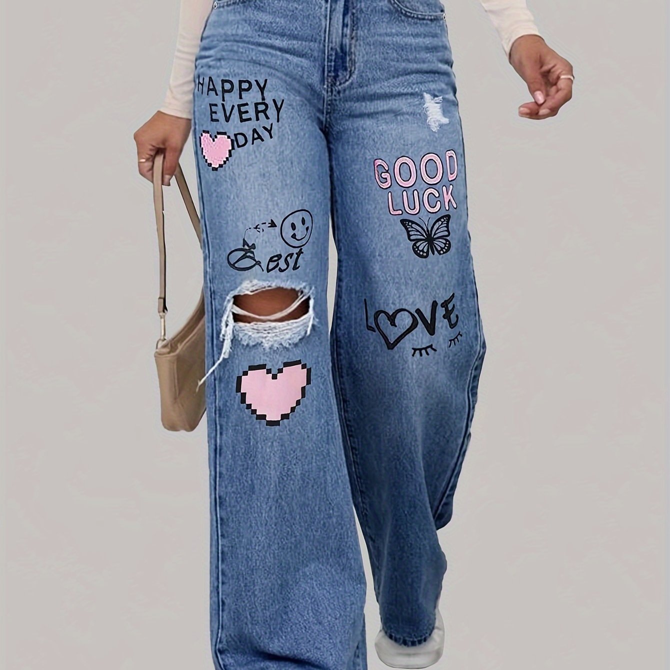 Jean en denim imprimé graphique taille haute à jambes larges