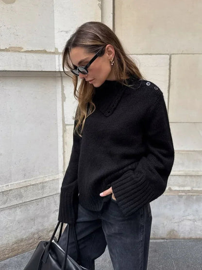 Pull-over ample à col roulé boutonné confortable