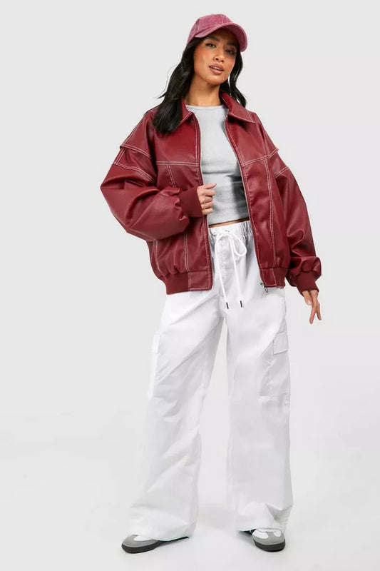 Veste Bomber Femme en Cuir Stylée en poches