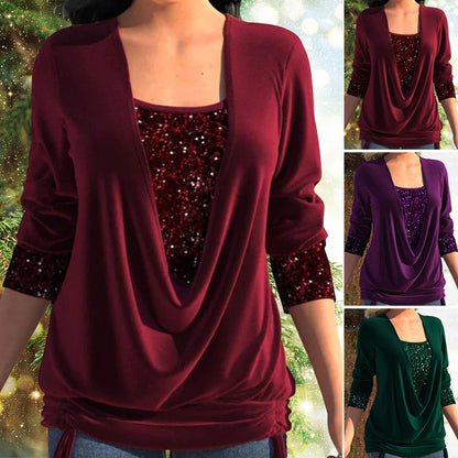 Blouse Femme Manches Longues à Sequins Élégante