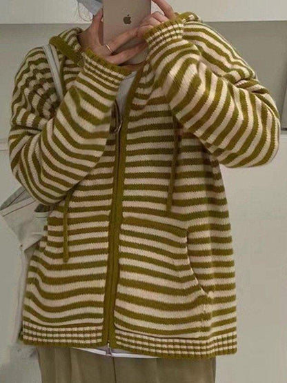 Cardigan à capuche zippé rayé confortable