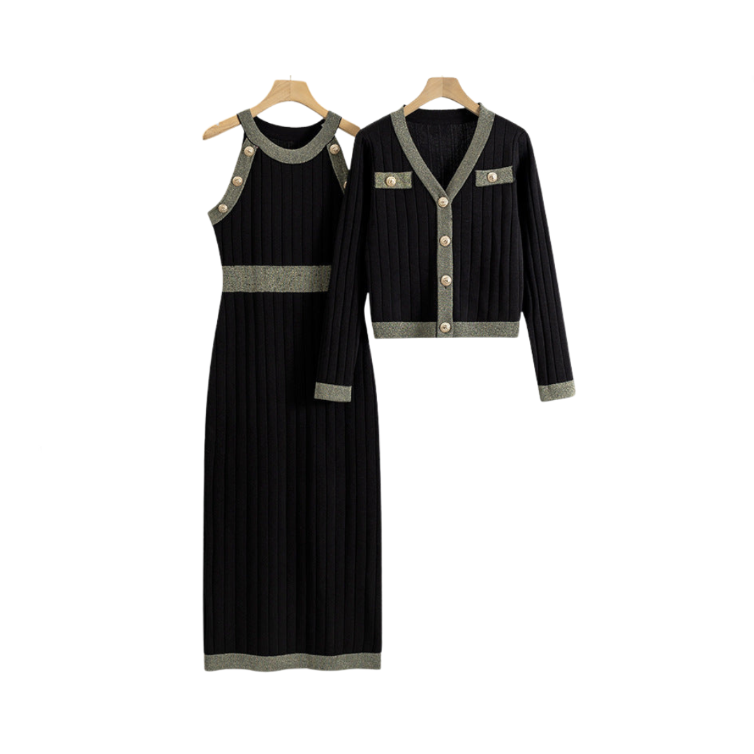 Ensemble Robe Tricote Maxi Sans Manches Et Cardigan Femme Chic