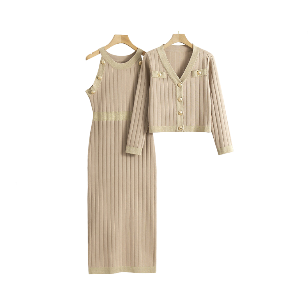 Ensemble Robe Tricote Maxi Sans Manches Et Cardigan Femme Chic