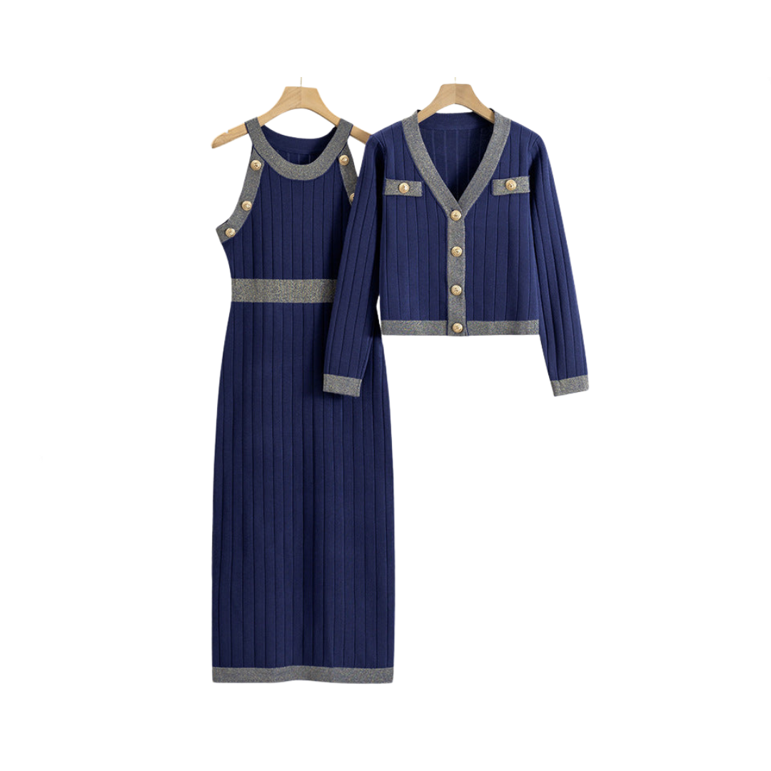 Ensemble Robe Tricote Maxi Sans Manches Et Cardigan Femme Chic