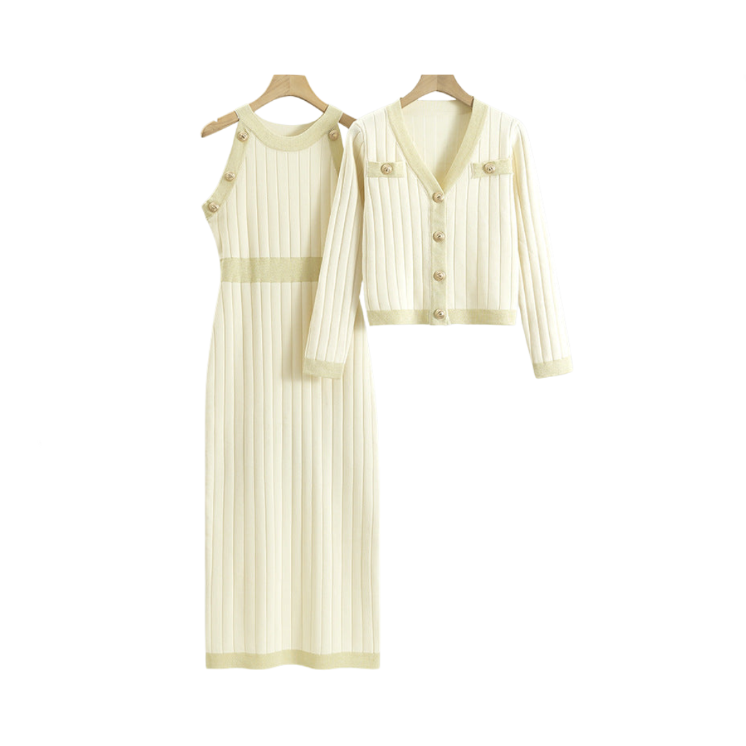 Ensemble Robe Tricote Maxi Sans Manches Et Cardigan Femme Chic