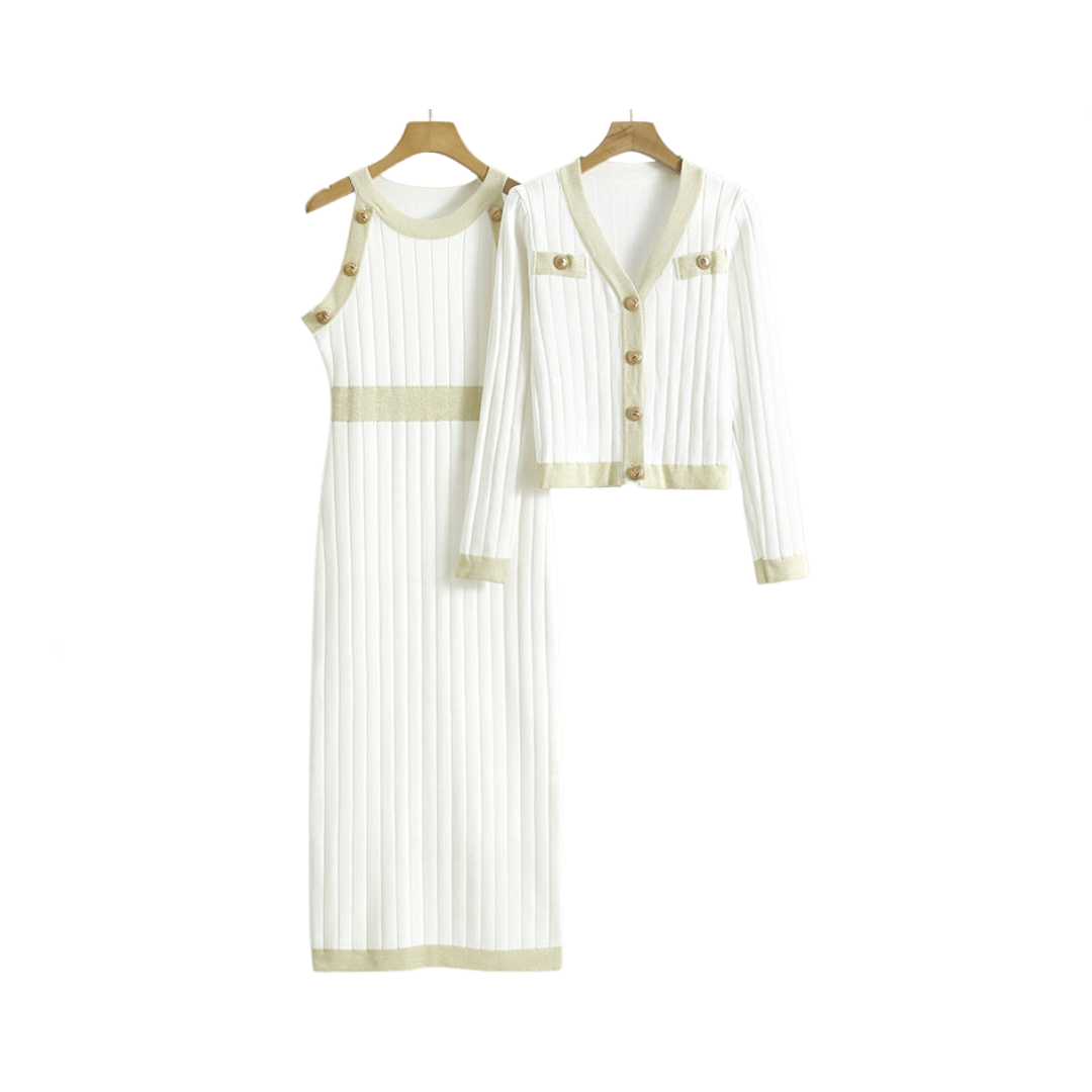 Ensemble Robe Tricote Maxi Sans Manches Et Cardigan Femme Chic