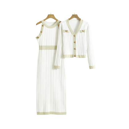 Ensemble Robe Tricote Maxi Sans Manches Et Cardigan Femme Chic