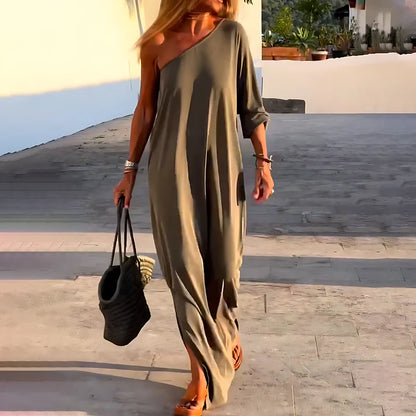 Robe Maxi Chic à Manche Unique et Fente pour Femmes