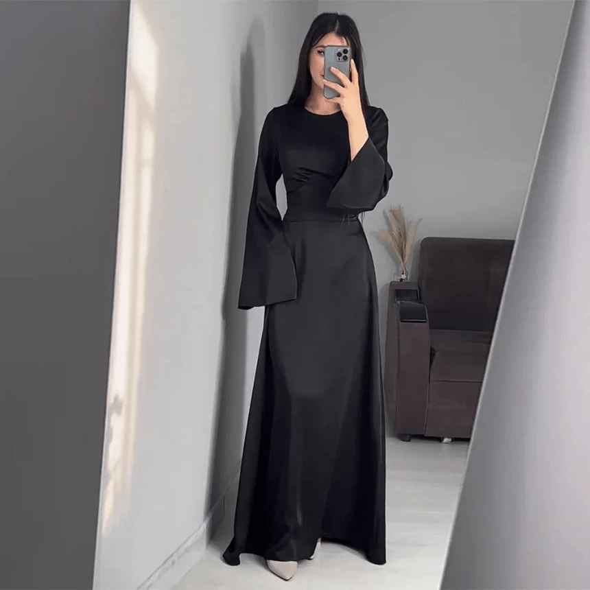 Robe Maxi à Manches Longues et Col Rond Chic Femme