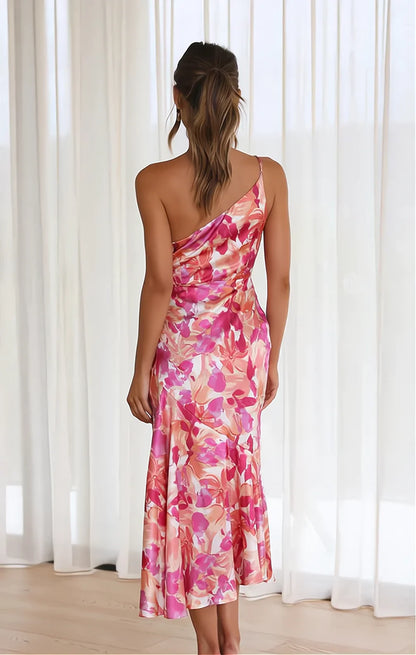 Robe Midi à Fleurs Roses à Une Épaule Femmes