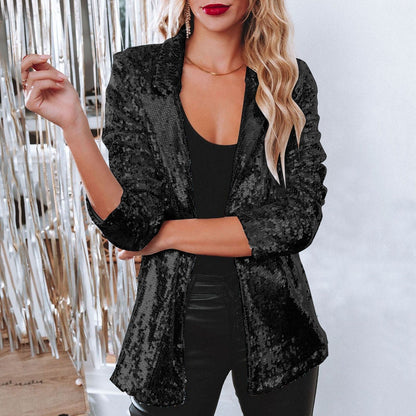 Manteau Blazer Festif Long Brillant Élégant Femmes