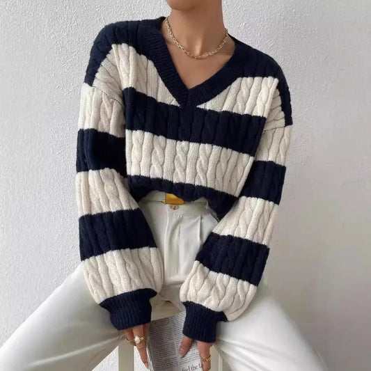 Confortable pull-over ample en tricot avec col en V, style vintage