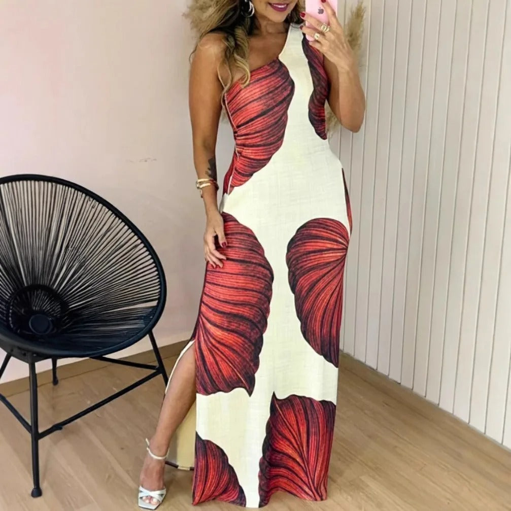 Robe longue élégante à une épaule avec imprimé palmier