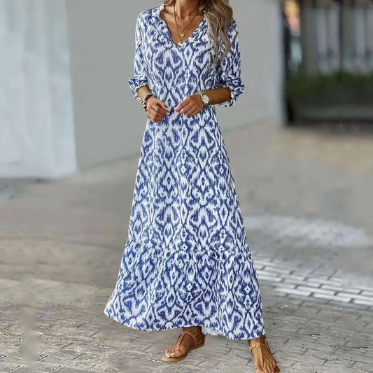 Robe Maxi Élégante Blanche et Bleue à Col V Femmes