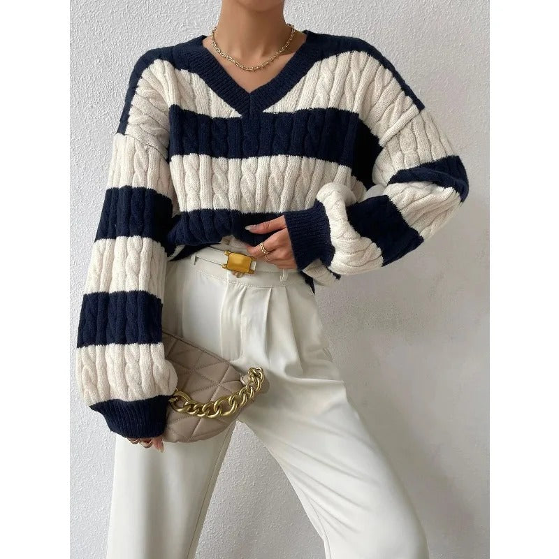 Confortable pull-over ample en tricot avec col en V, style vintage