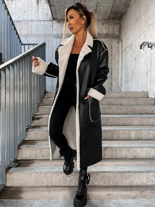 Veste Longue en Cuir avec Fourrure pour Femme