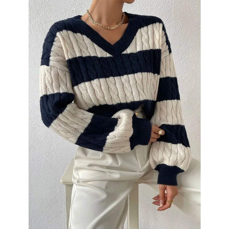 Confortable pull-over ample en tricot avec col en V, style vintage