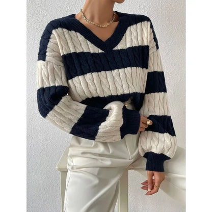 Confortable pull-over ample en tricot avec col en V, style vintage