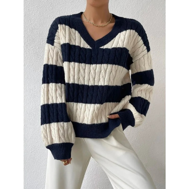 Confortable pull-over ample en tricot avec col en V, style vintage