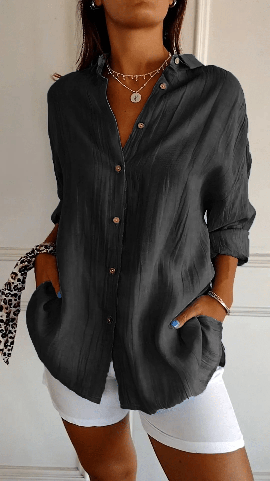 Blouse Longue à Manches Boutonnées Ample Femme