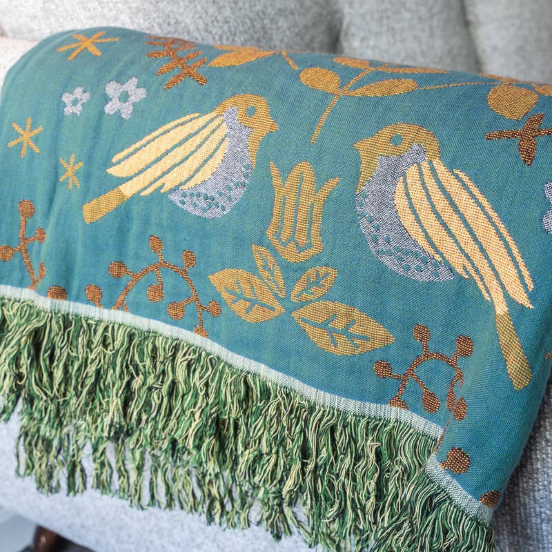 Couverture Réversible avec Motif d'Oiseau Scandinave