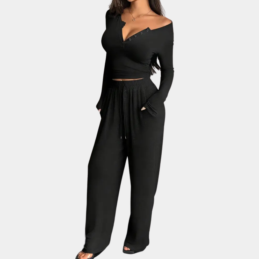 Ensemble Top Court à Manches Longues et Pantalon Maxi Chic pour Femme