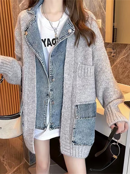 Femme Veste combinée en laine et denim avec poches