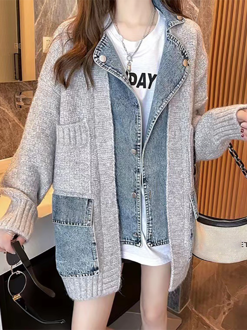 Femme Veste combinée en laine et denim avec poches