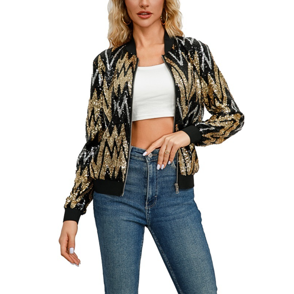 Veste Zippée à Design Aztec en Sequins Or pour Femmes