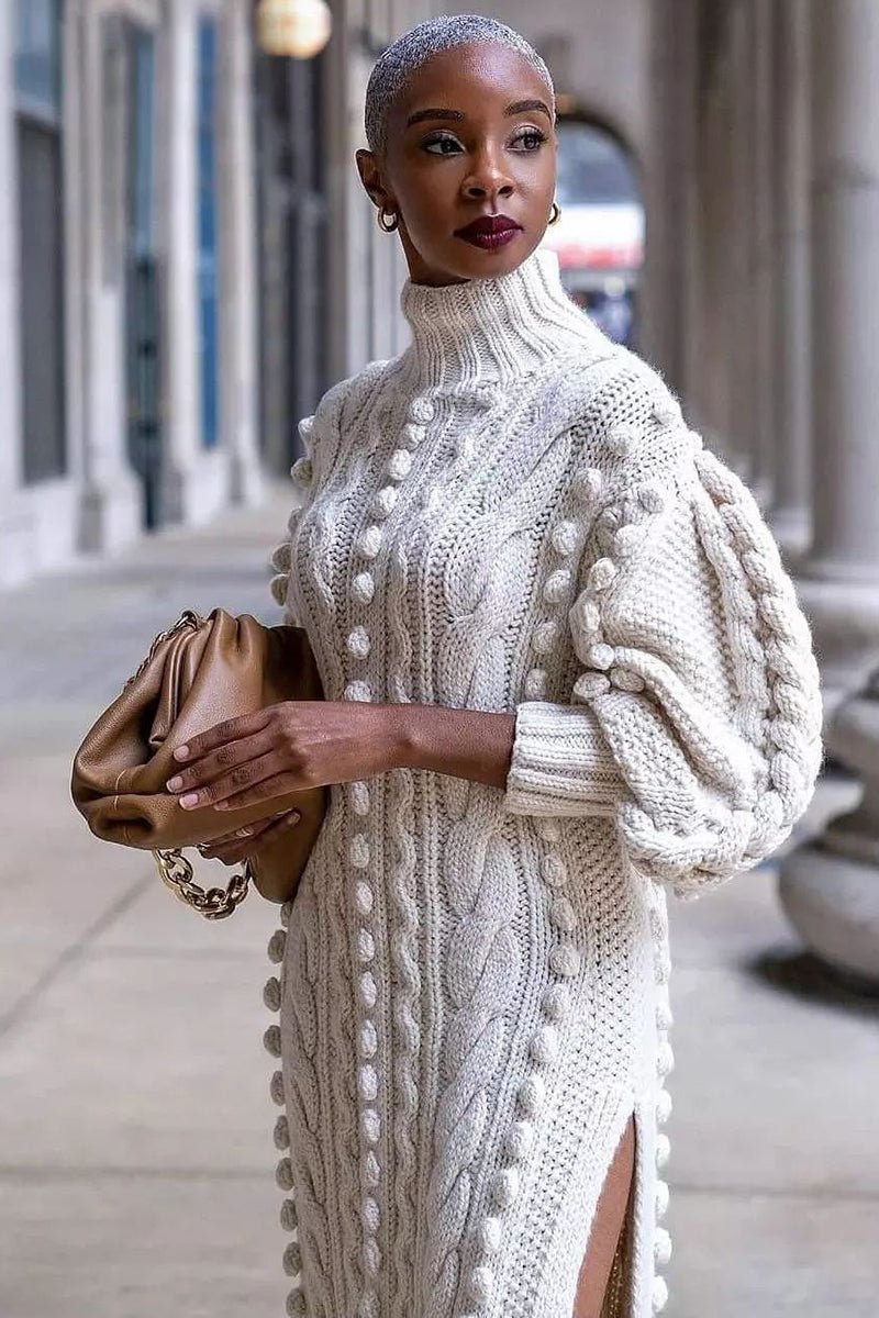 Robe Midi Tricotée de Luxe à Manches Bouffantes Femmes