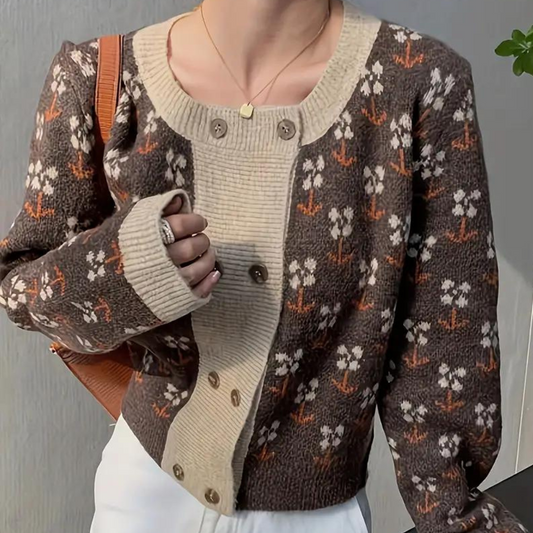 Cardigan Tricoté à Boutons et Floraux pour Femme