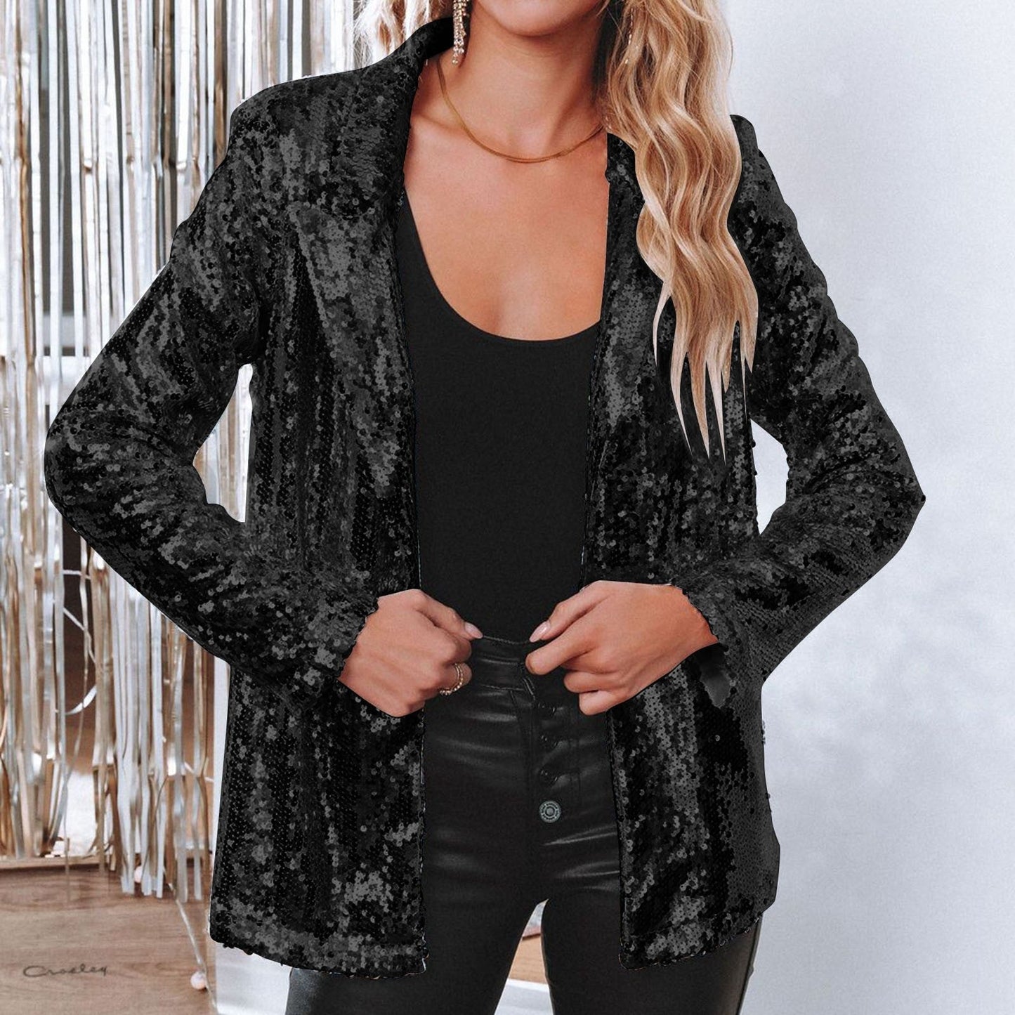 Manteau Blazer Festif Long Brillant Élégant Femmes