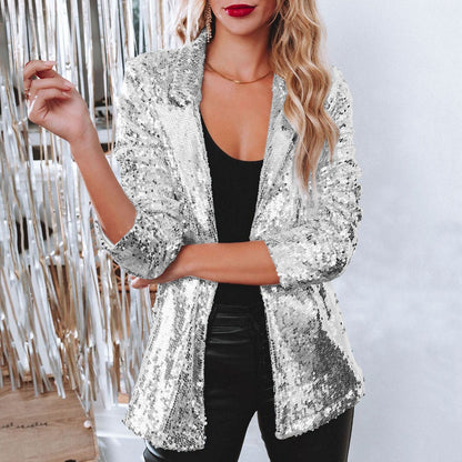 Manteau Blazer Festif Long Brillant Élégant Femmes