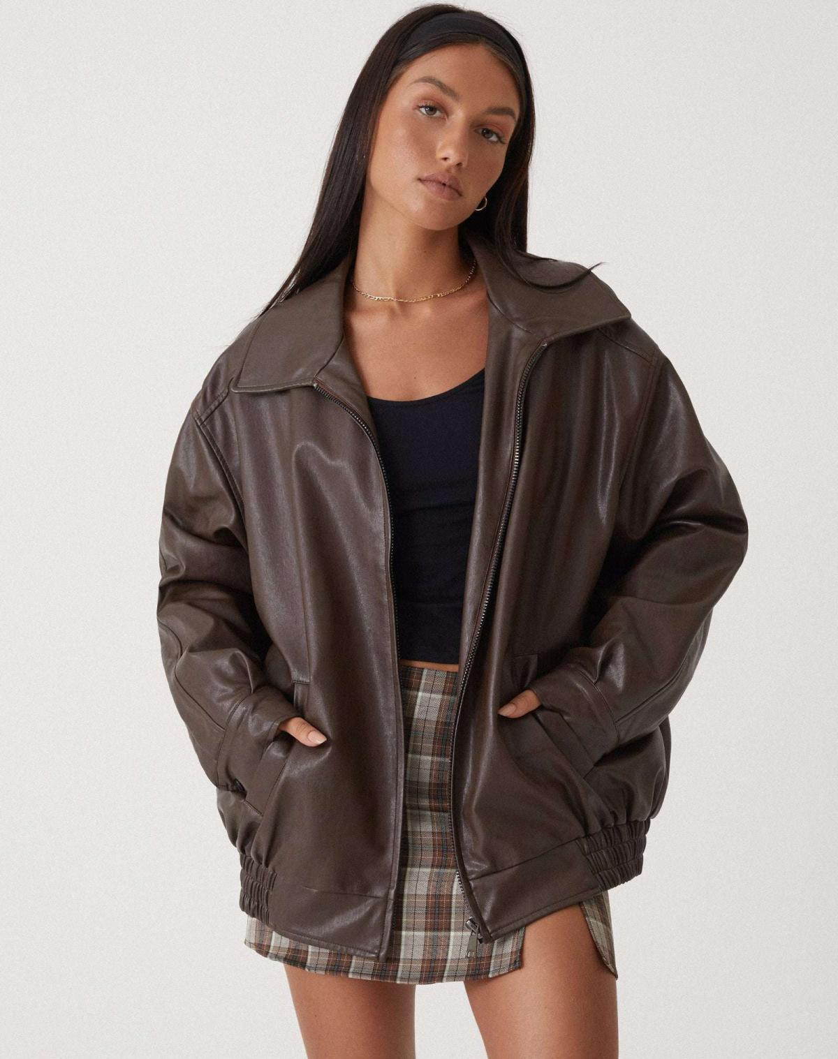 Veste Cuir Oversize Zippée avec Poches pour Femme