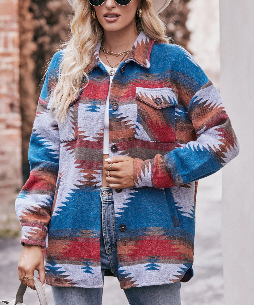 Chemise Oversize en Jean Imprimé Azteques pour Femmes